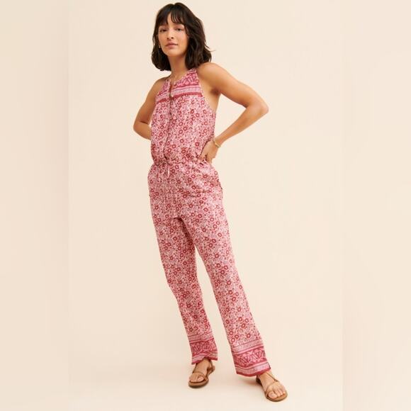 Faherty Adella Jumpsuit Sun Up Block Print Floral Pink Medium - Picture 1 of 13